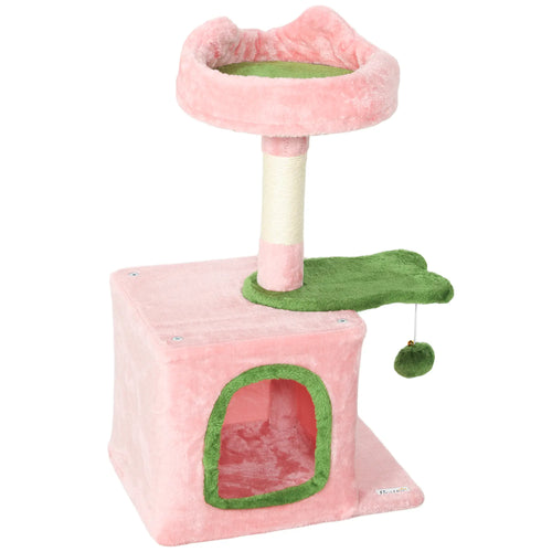 28 Inch Cat Tree Tower with Plush Bed, Condo, Scratching Post, Pink & Green