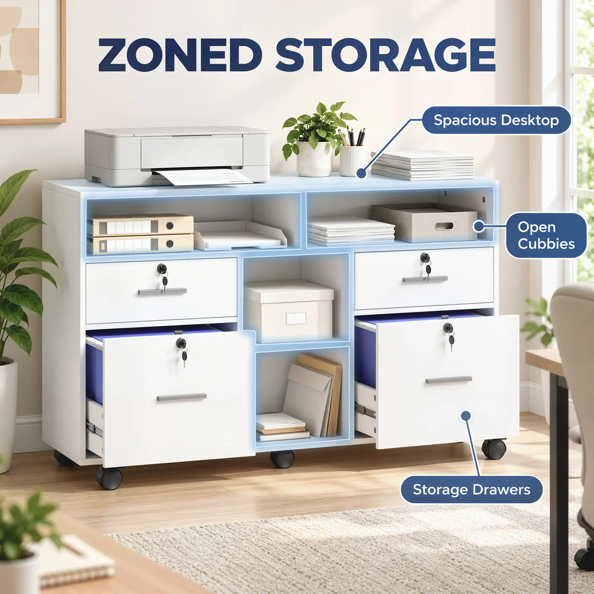 File Cabinet, Locking Drawers, Open Shelves, 5 Casters, White