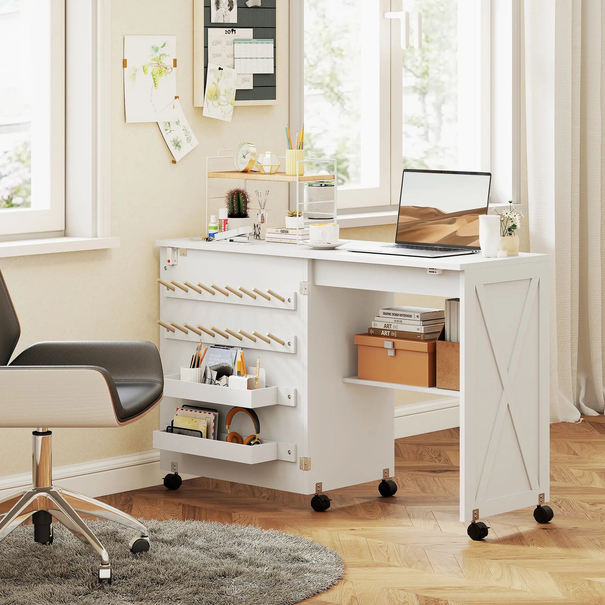 Sewing Machine Table on Wheels, Folding Craft Table with Storage, White Storage Cabinets at Gallery Canada