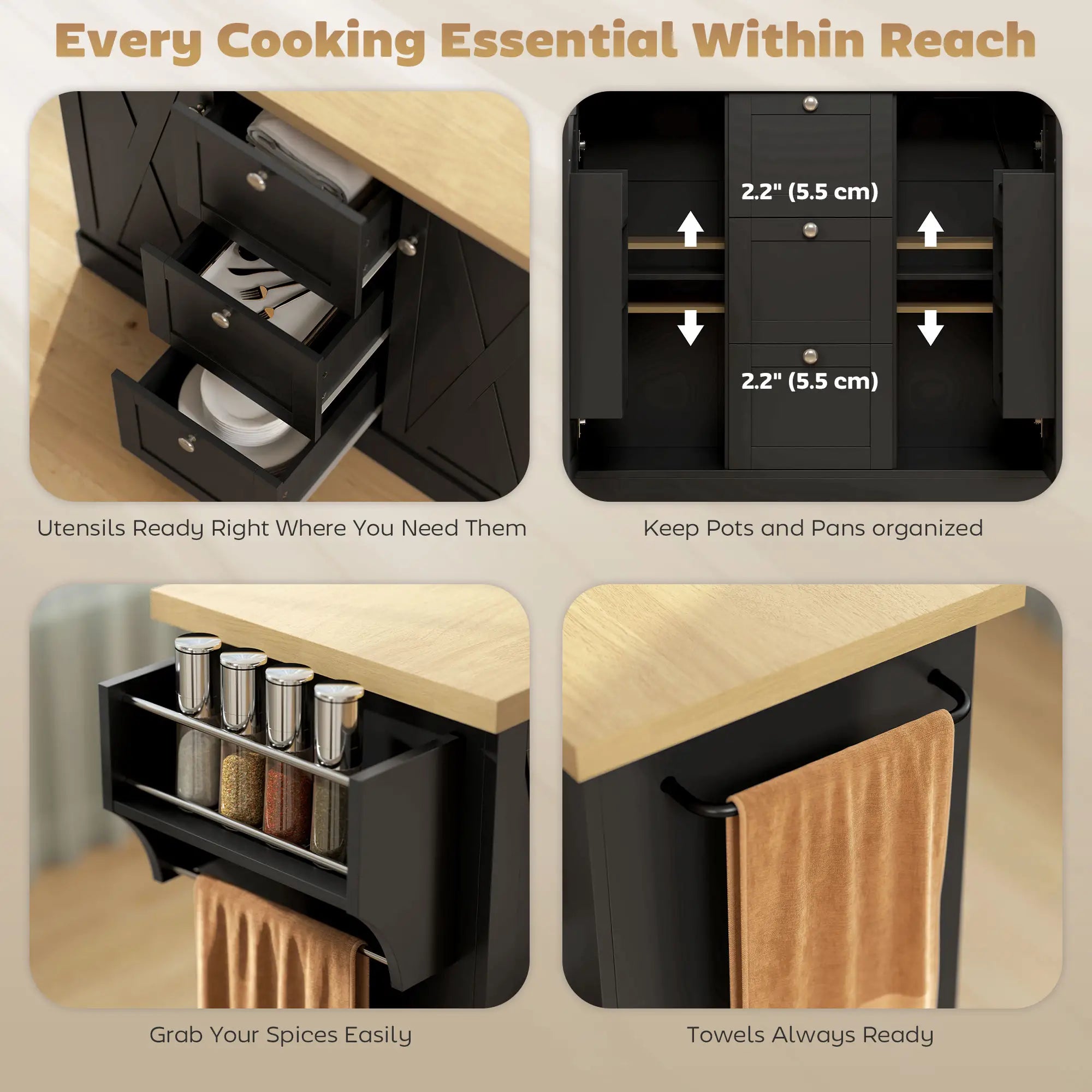 Farmhouse Kitchen Island Cart with Power Outlet, 49 Inch, Black Kitchen Islands & Kitchen Carts at Gallery Canada