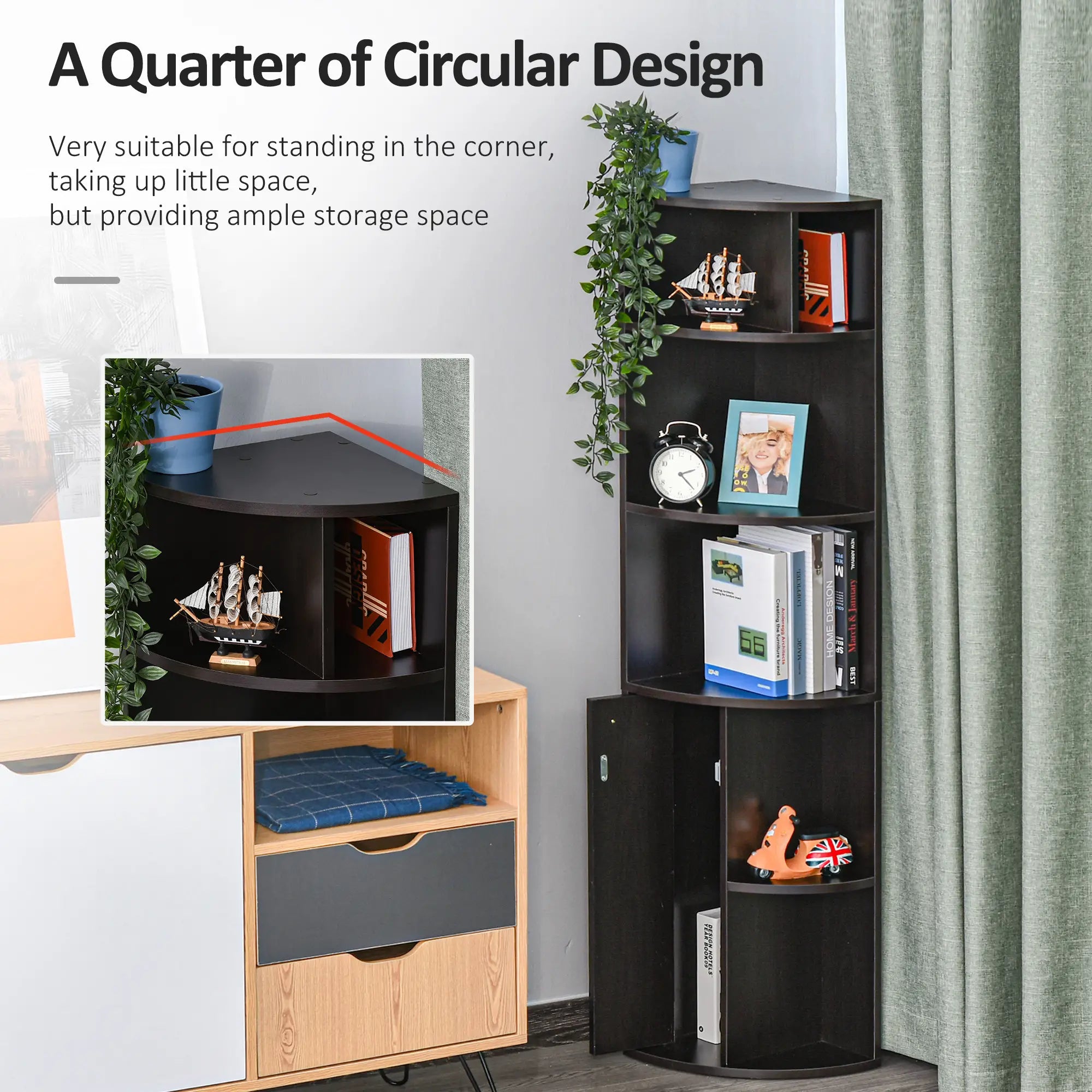 5-Tier Corner Bookcase, Storage Bookshelf, Open Compartments, Cabinet, Black Bookcases With Doors at Gallery Canada