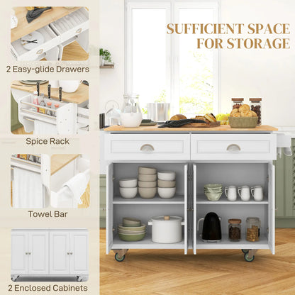 Kitchen Island with Storage, Drop Leaf, Rubber Wood Top, Adjustable Shelves, White Kitchen Islands & Kitchen Carts at Gallery Canada
