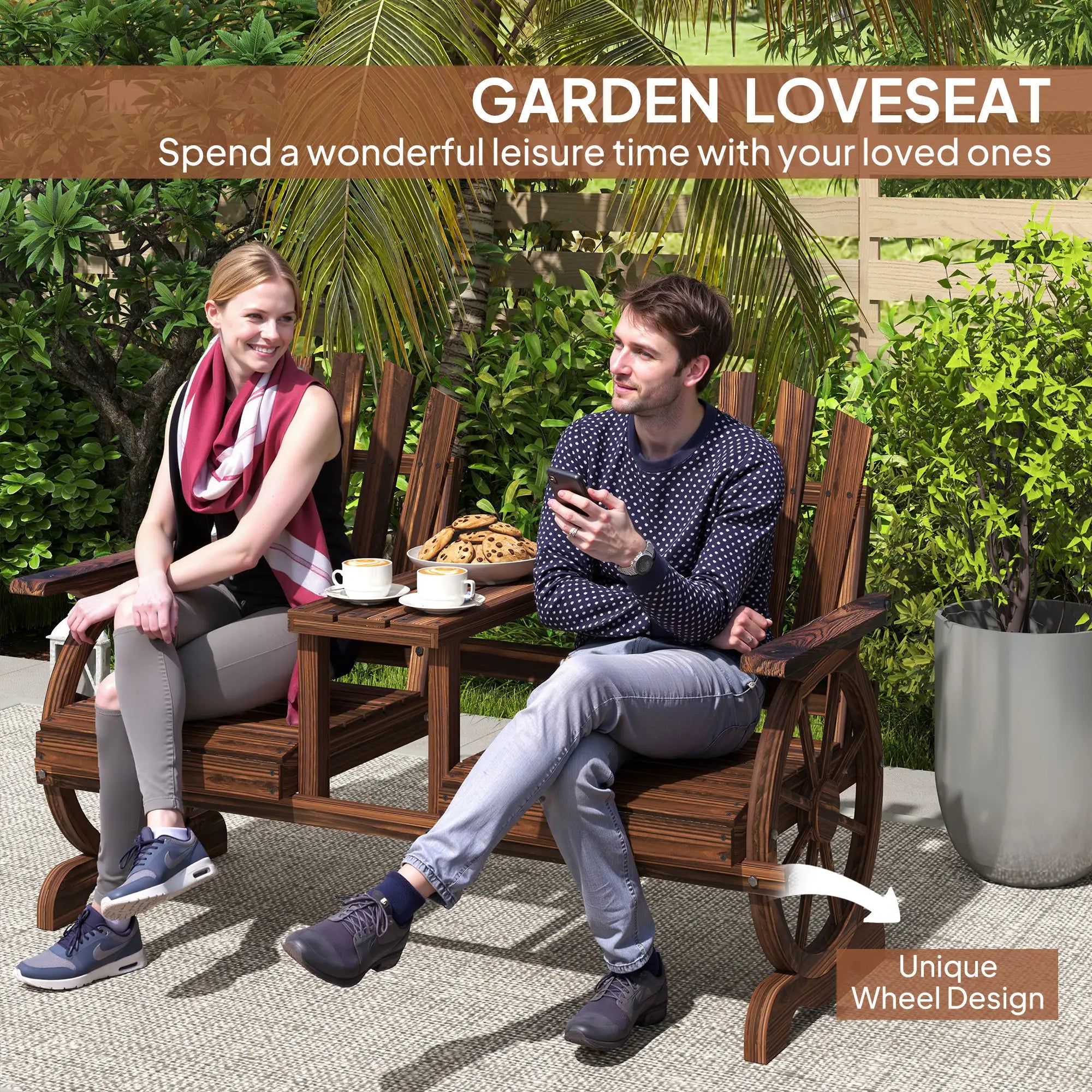 Wooden Outdoor Loveseat, Wagon Wheel Bench With Table, Carbonized Outdoor Benches at Gallery Canada