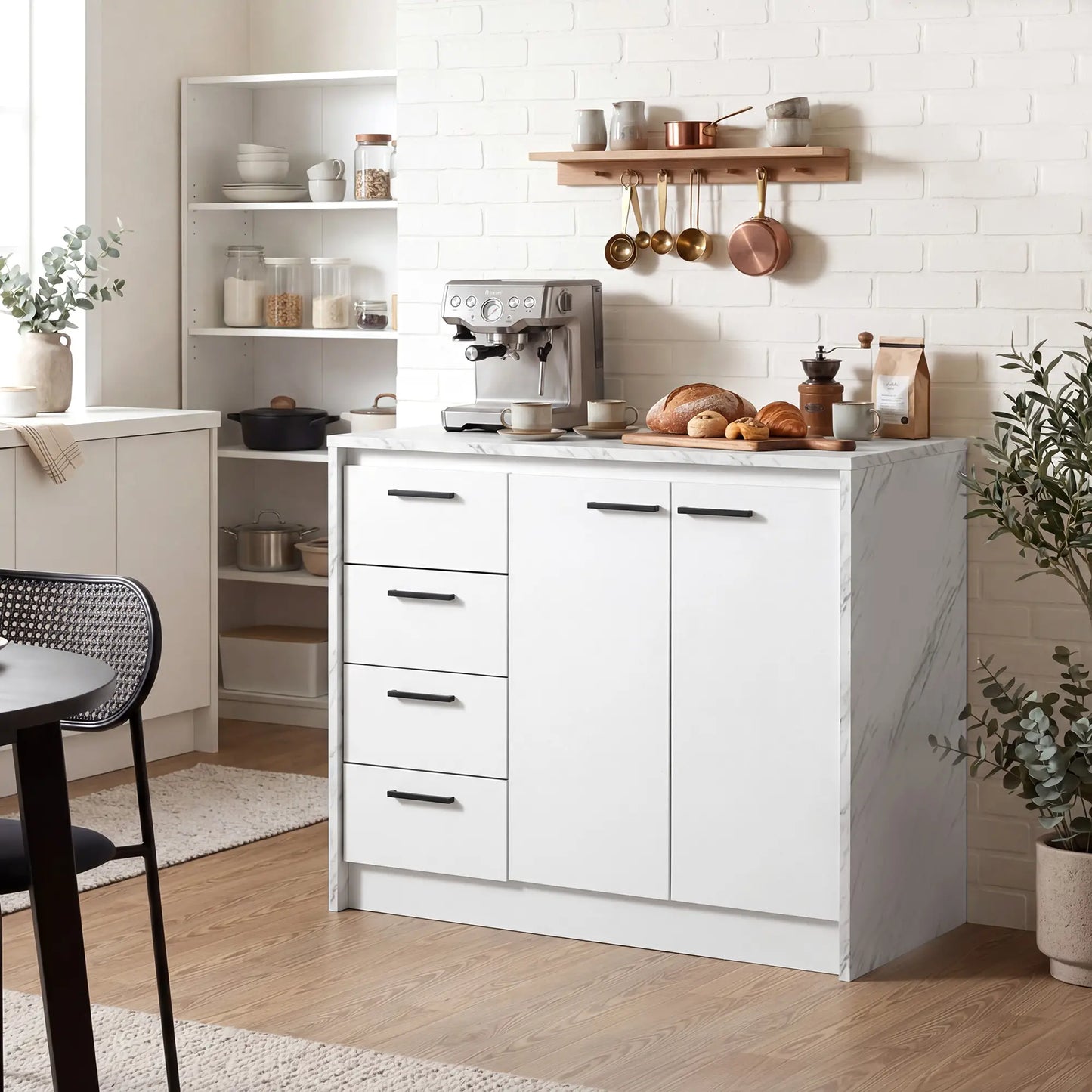 Kitchen Island, Storage Cabinet, 4 Drawers, Adjustable Shelf, Faux Marble, White Kitchen Islands & Kitchen Carts at Gallery Canada