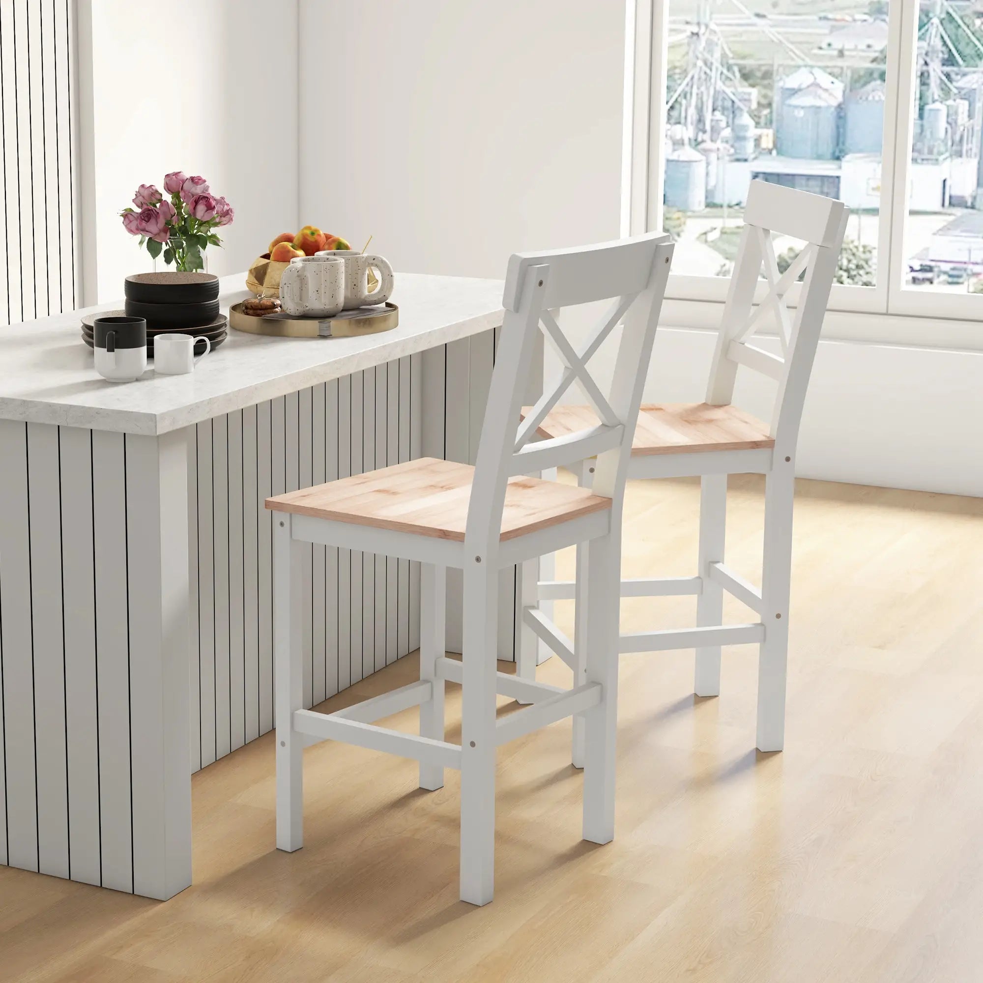 Counter Height Stools Set of 2, Farmhouse Bar Stools with Backs, Solid Wood Bar Stools at Gallery Canada