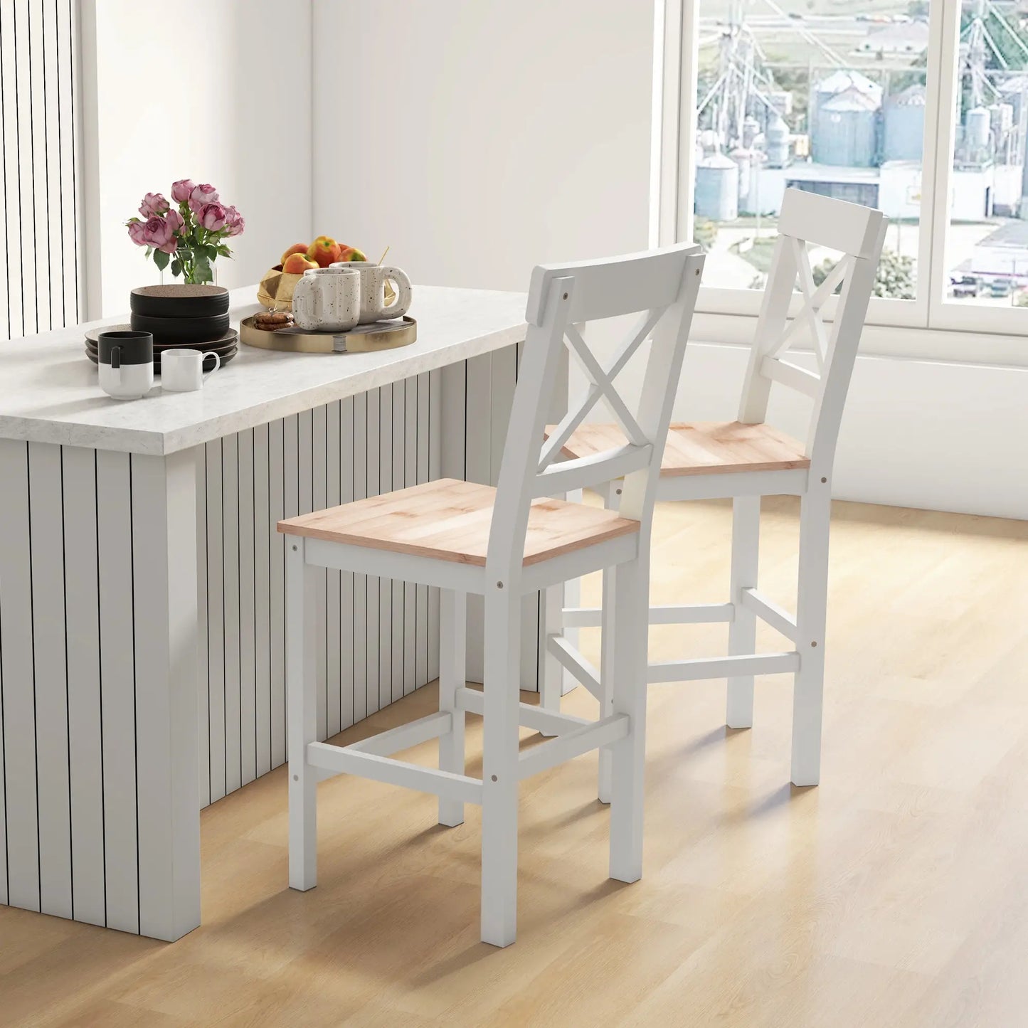 Counter Height Stools Set of 2, Farmhouse Bar Stools with Backs, Solid Wood Bar Stools at Gallery Canada