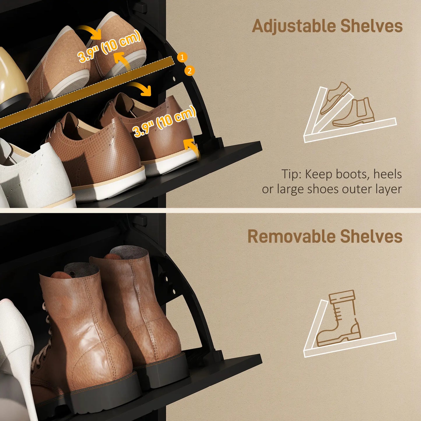 Narrow Shoe Cabinet, 2 Flip Drawers, Adjustable Shelves, Open Compartment, Black Shoe Storage Cabinets & Racks at Gallery Canada