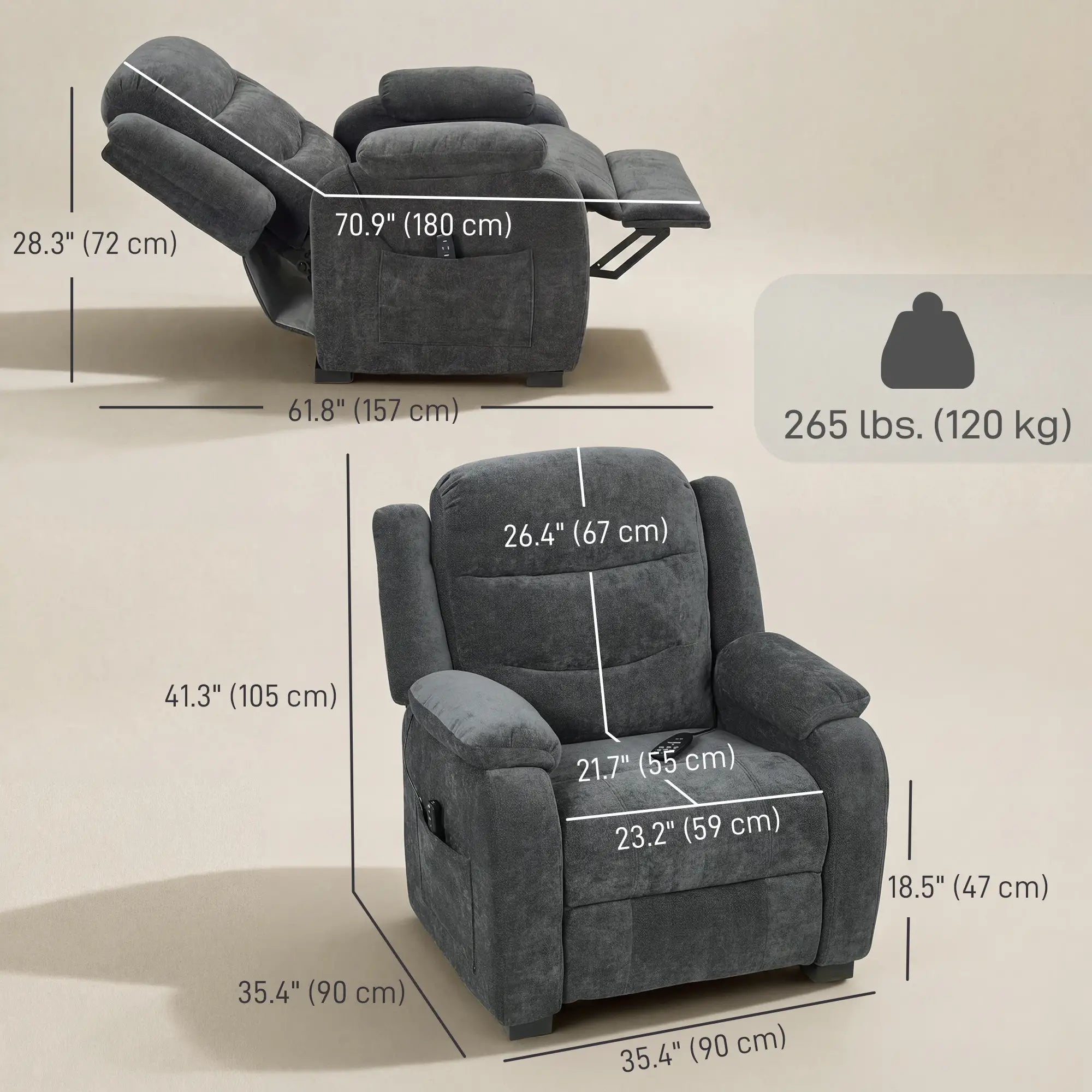 Power Recliner Chair, Quiet Brushless Motor, Remote, Dark Grey Single Sofas at Gallery Canada