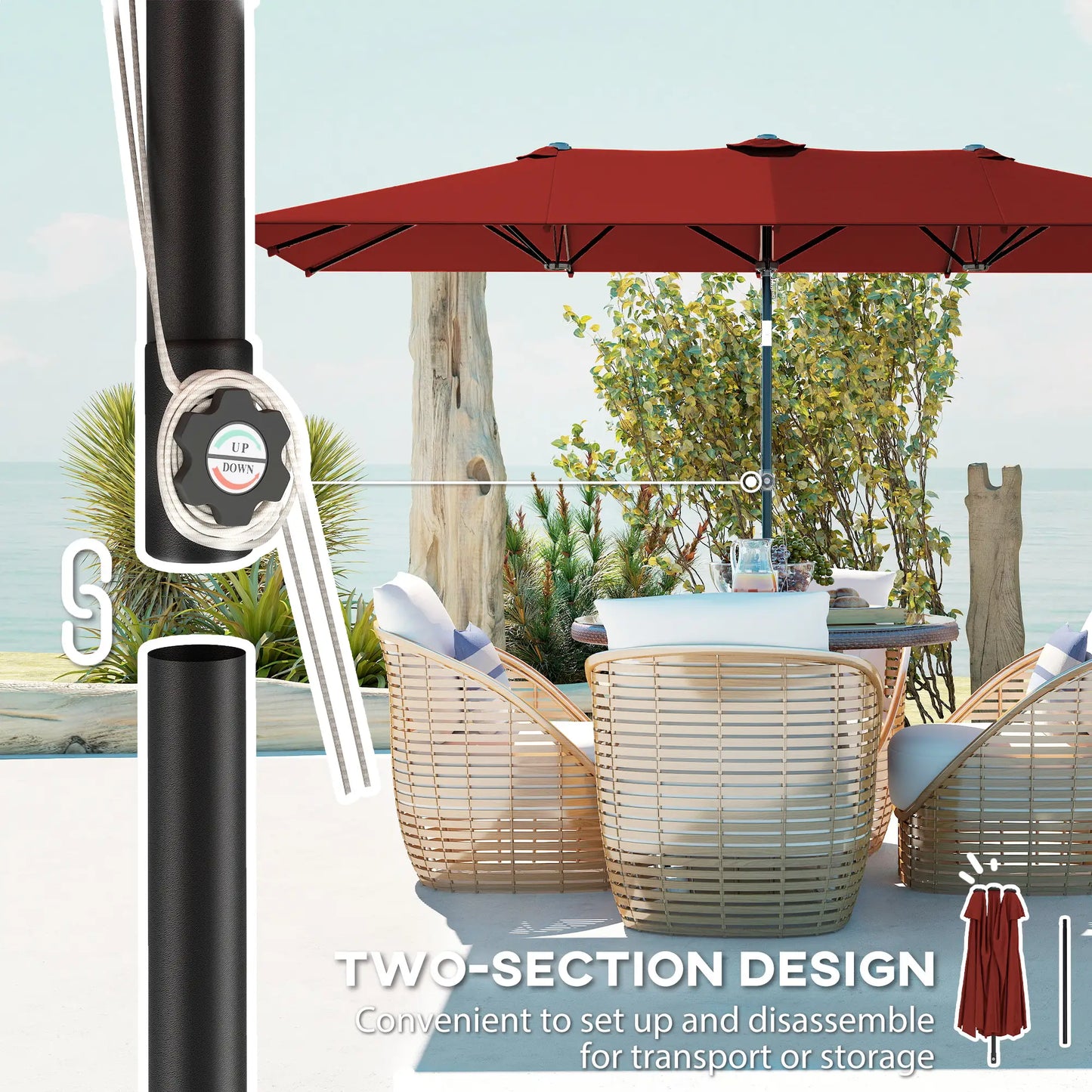 Double-Sided Patio Umbrella with Tilt, Adjustable Height, 12 Ribs, Wine Red Sun Umbrellas at Gallery Canada