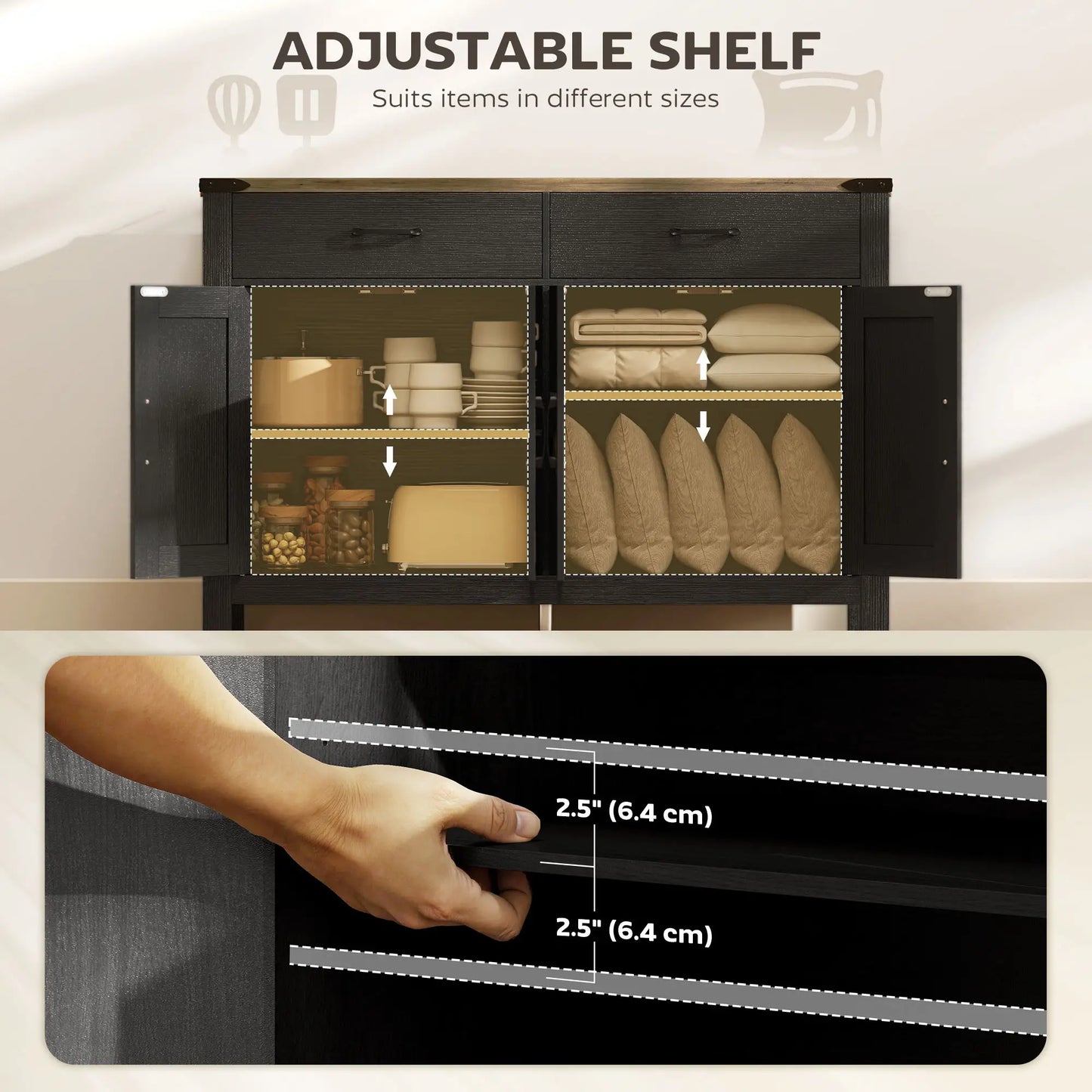Farmhouse Sideboard Buffet Cabinet, 2 Drawers, Shelves Storage Cabinets at Gallery Canada