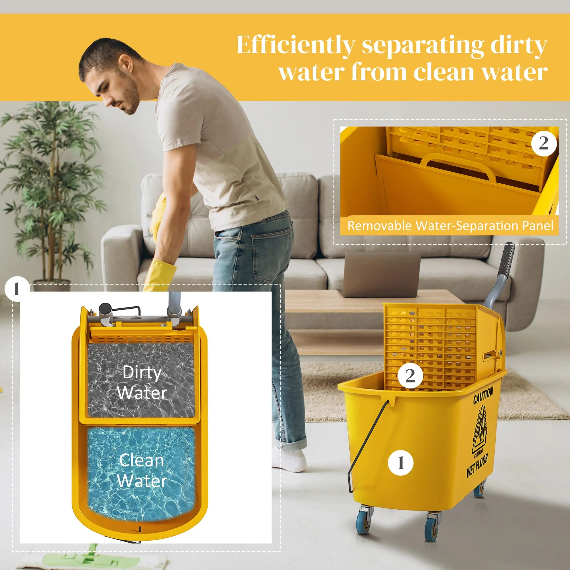 Mop Bucket with Wringer on Wheels, 21 Quart, Yellow Household Supplies at Gallery Canada