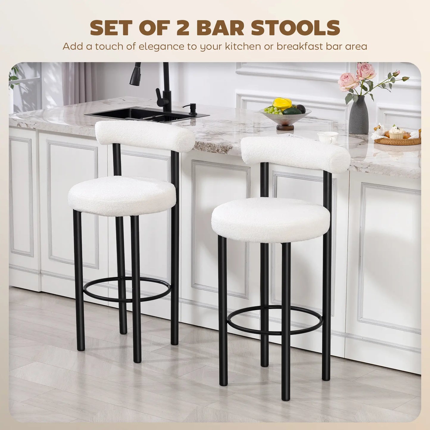 Sherpa Upholstered Bar Stools Set of 2, With Backrest and Footrest Bar Stools at Gallery Canada