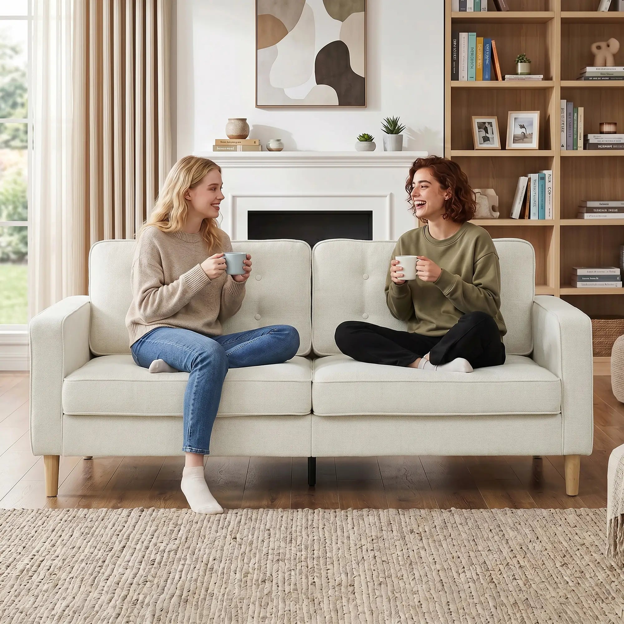 3 Seater Sofa Upholstered with Padded Cushion Modern Button Tufted Couch with Wood Legs, Cream White 3-Seater Sofas at Gallery Canada