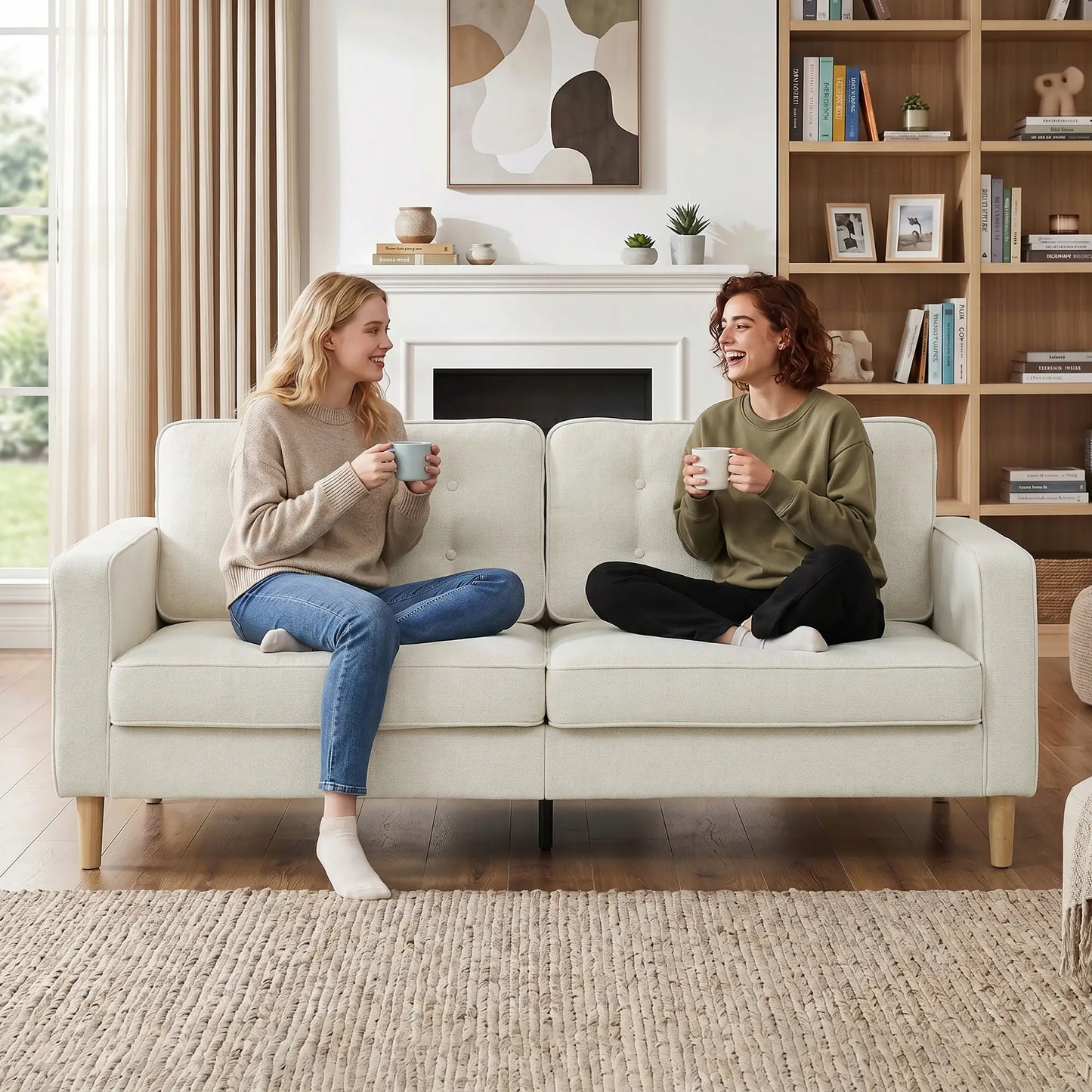 3 Seater Sofa Upholstered with Padded Cushion Modern Button Tufted Couch with Wood Legs, Cream White 3-Seater Sofas at Gallery Canada