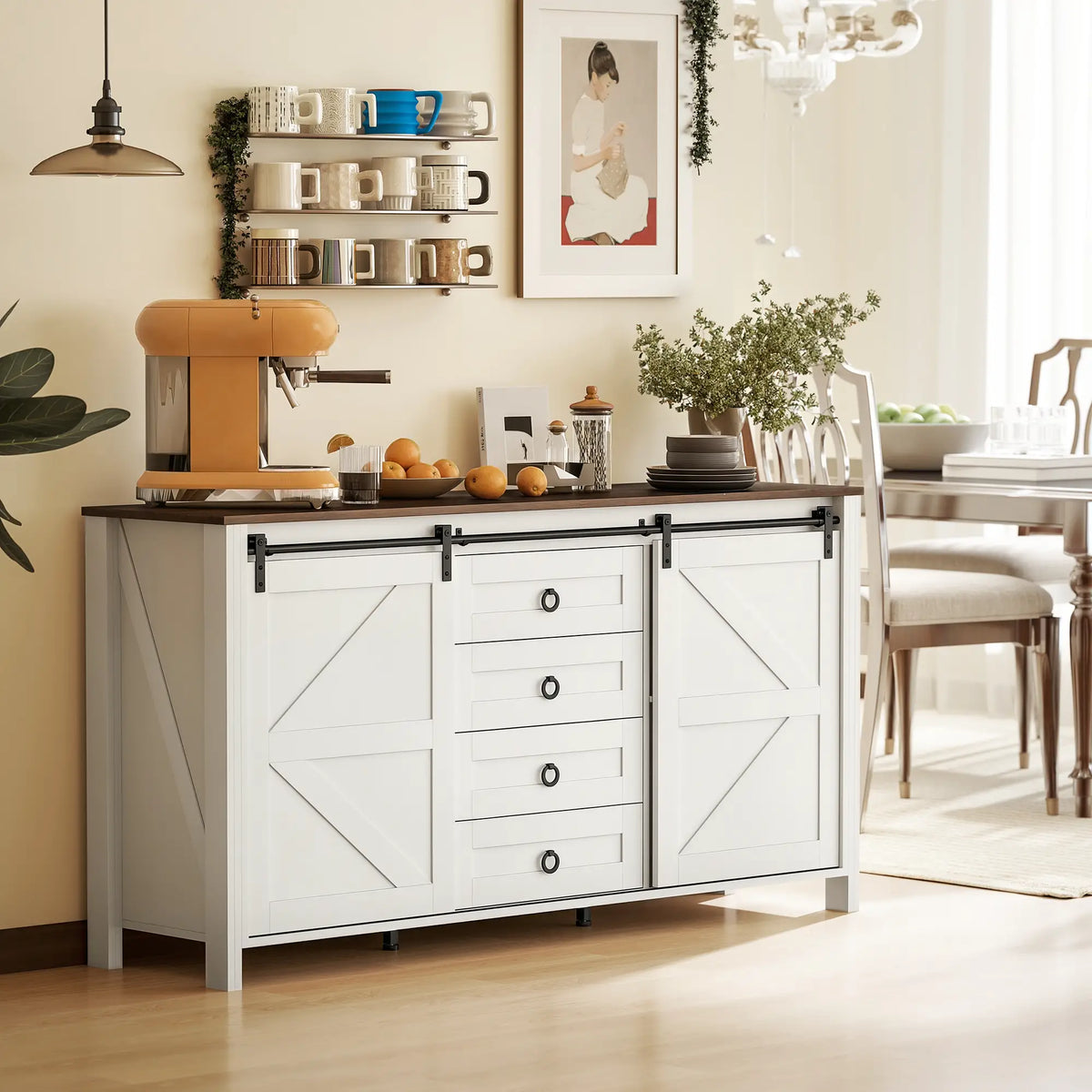 60" Buffet Cabinet, Farmhouse Sideboard, Cream White Bar Cabinets at Gallery Canada