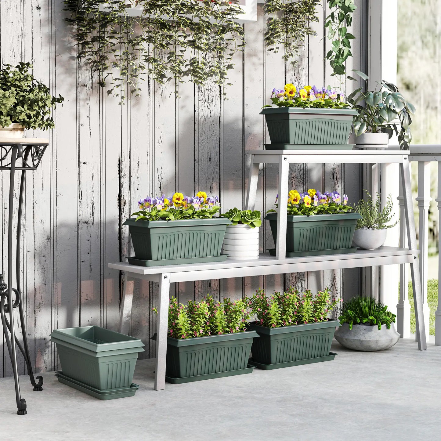 7 Pack 15.7" Plastic Flower Planters, Drainage Holes, Trays, Green Garden Accessories at Gallery Canada