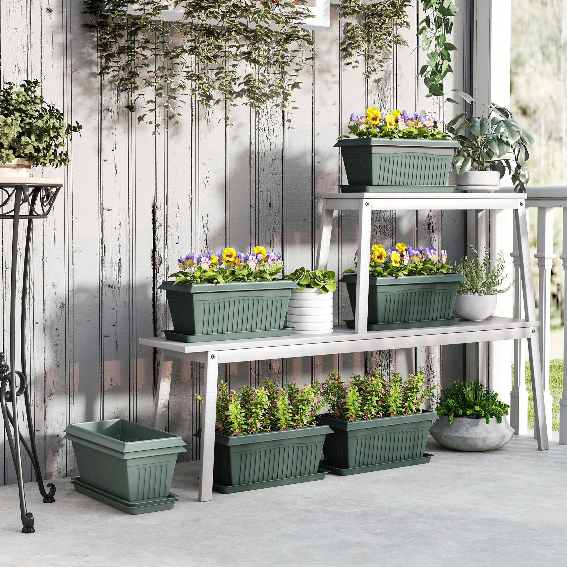 7 Pack 15.7" Plastic Flower Planters, Drainage Holes, Trays, Green Garden Accessories at Gallery Canada