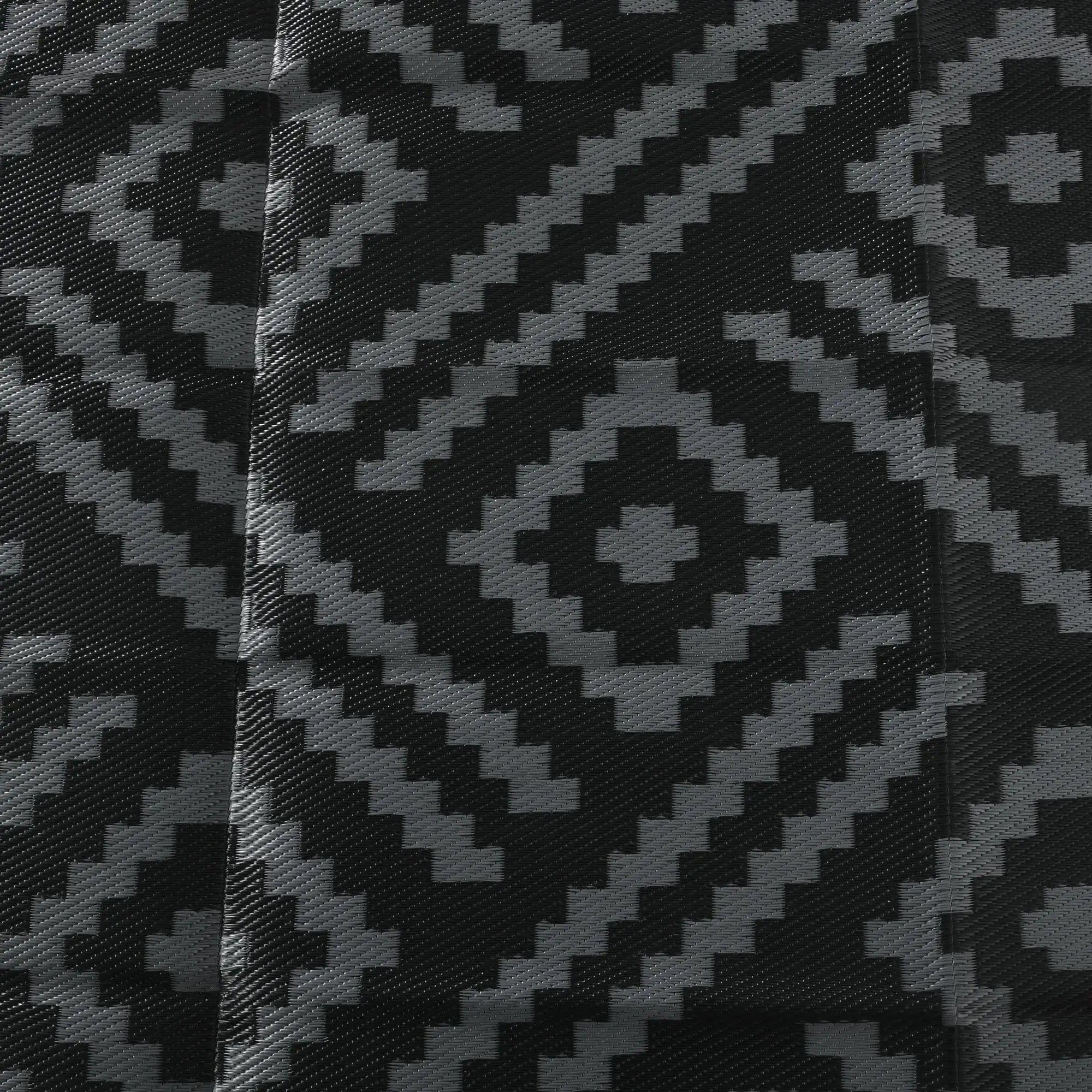 Reversible Outdoor Rug, Waterproof, 9' x 18', Geometric, Black Grey Outdoor Reversible Rugs at Gallery Canada