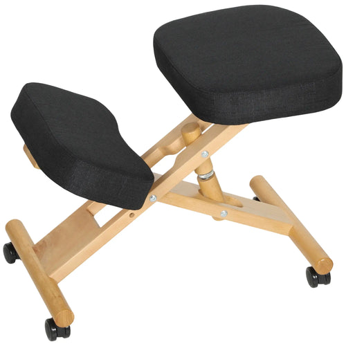 Ergonomic Kneeling Chair, Rubberwood Frame, Rolling Wheels, Black