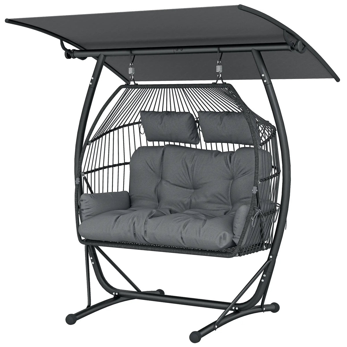Hanging Double Egg Chair with Canopy, Cushion, Stand, Dark Grey