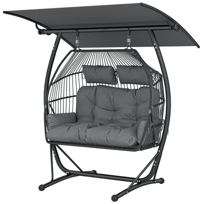 Hanging Double Egg Chair with Canopy, Cushion, Stand, Dark Grey