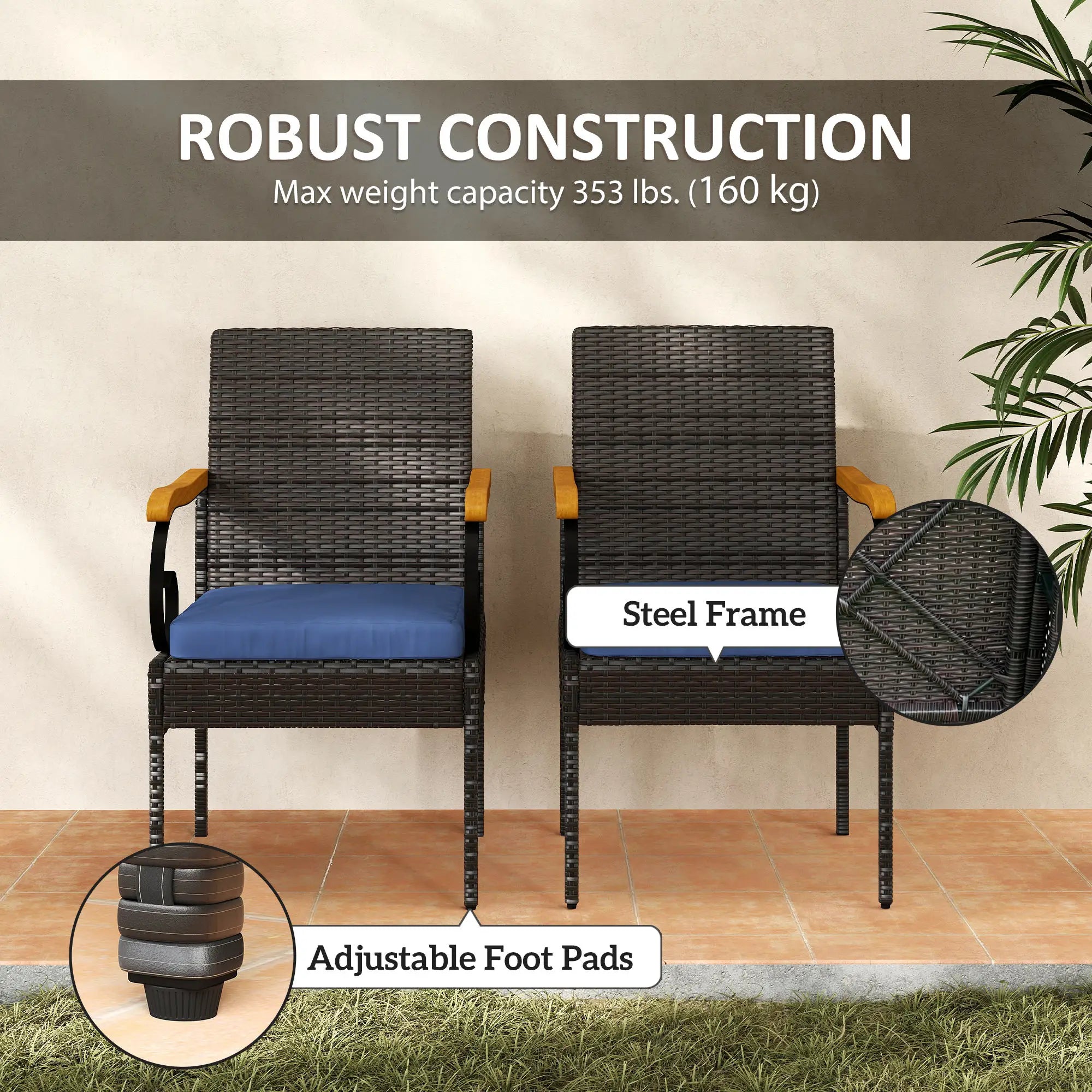Set of 2 Rattan Outdoor Dining Chairs, Removable Cushion, Navy Blue Patio Chairs at Gallery Canada