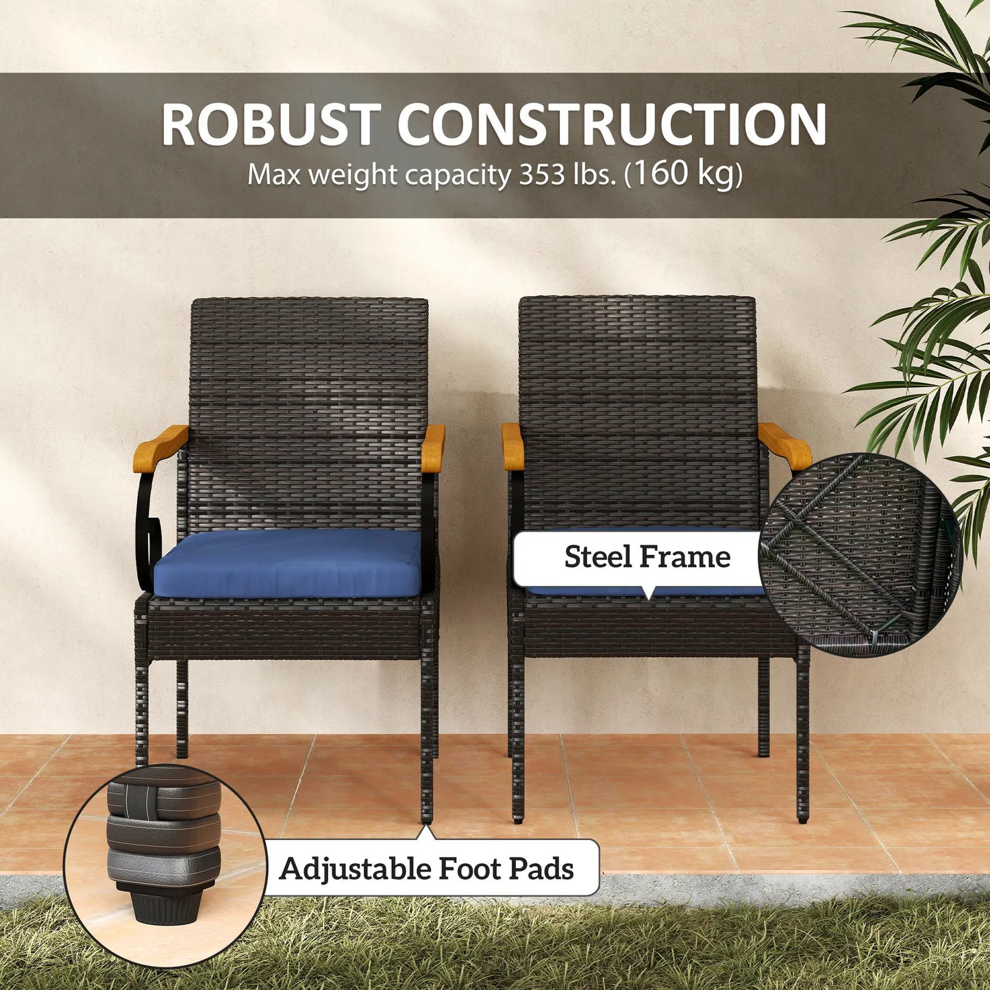 Set of 2 Rattan Outdoor Dining Chairs, Removable Cushion, Navy Blue Patio Chairs at Gallery Canada