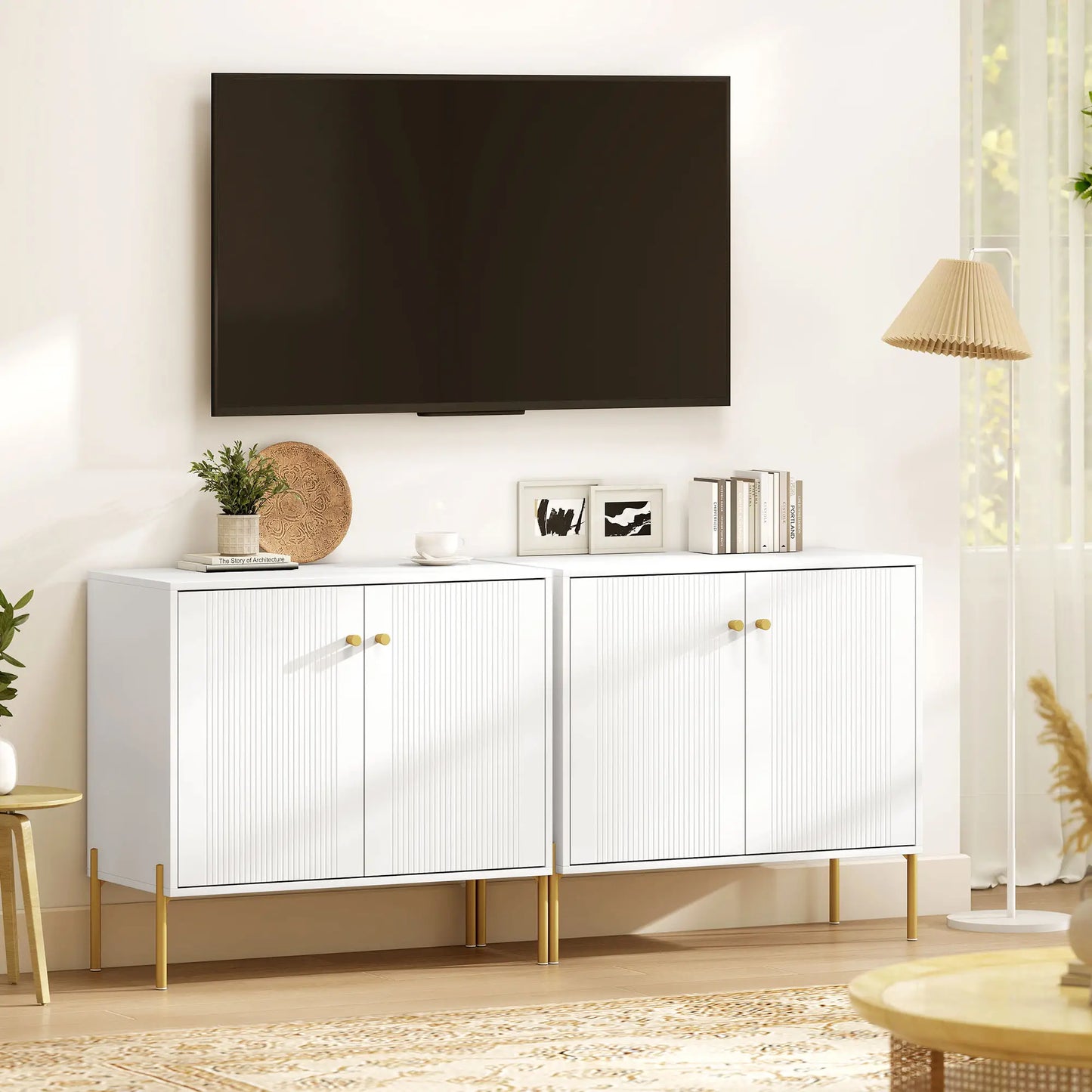 Sideboard, Modern Buffet Cabinet, Fluted Doors, Adjustable Shelf, White Storage Cabinets at Gallery Canada