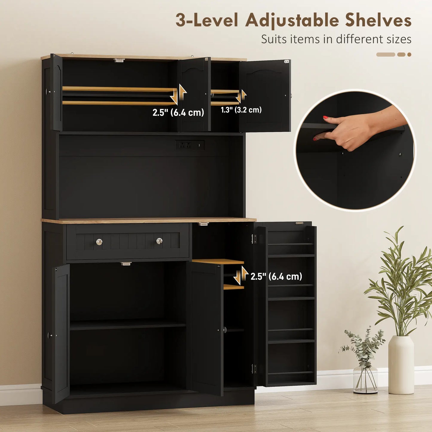 68" Pantry Cabinet with Charging Station, Microwave Stand, 4 Door Racks, Black Kitchen Pantry Cabinets at Gallery Canada