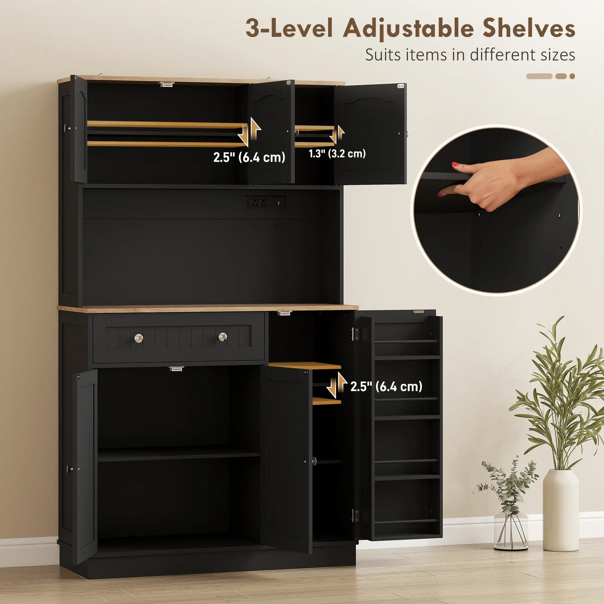 68" Pantry Cabinet with Charging Station, Microwave Stand, 4 Door Racks, Black Kitchen Pantry Cabinets at Gallery Canada