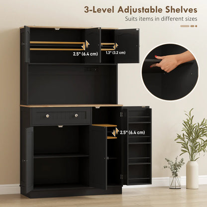 68" Pantry Cabinet with Charging Station, Microwave Stand, 4 Door Racks, Black Kitchen Pantry Cabinets at Gallery Canada