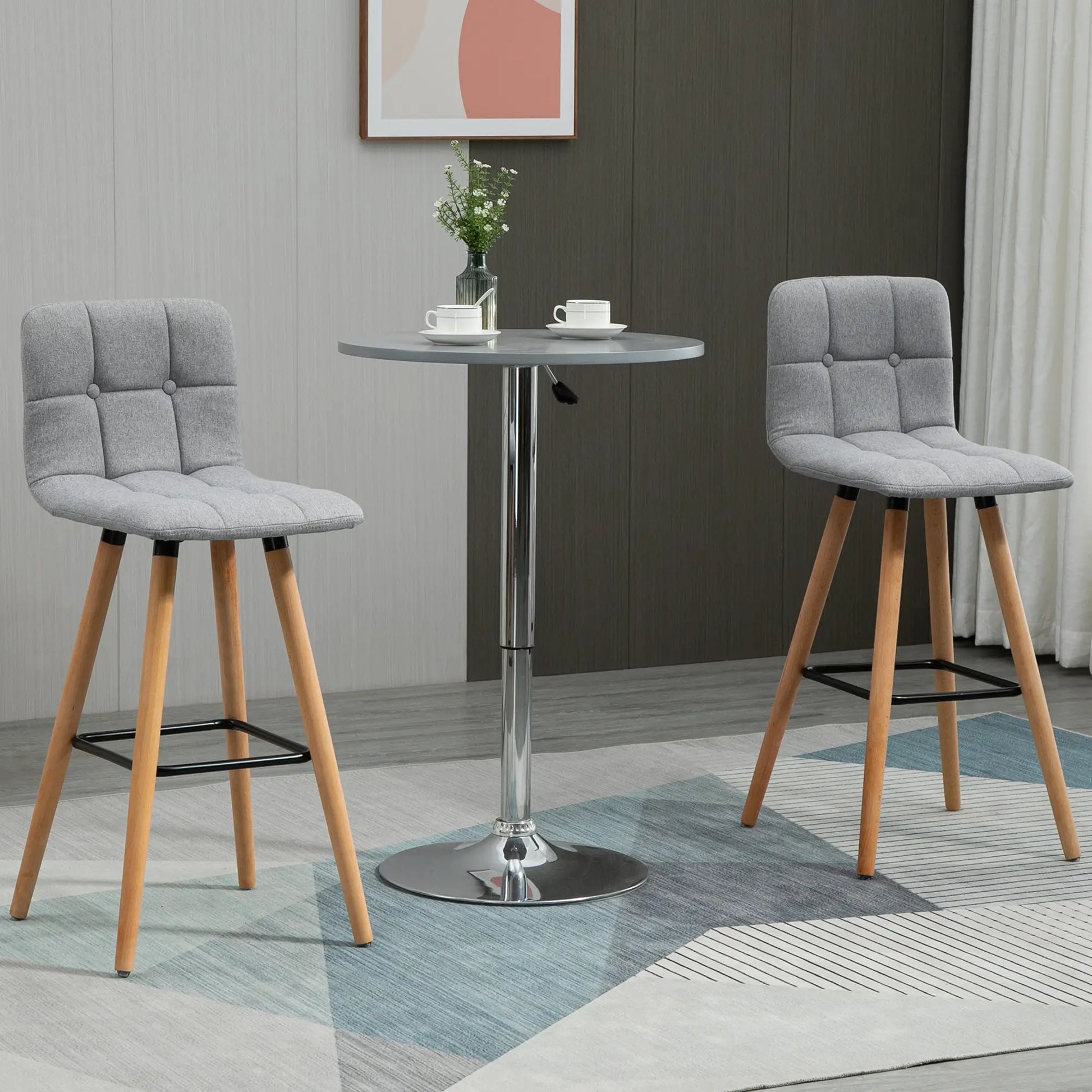 Modern Bar Stools Set of 2, 38" Upholstered, Solid Wood Legs, Grey Bar Stools at Gallery Canada