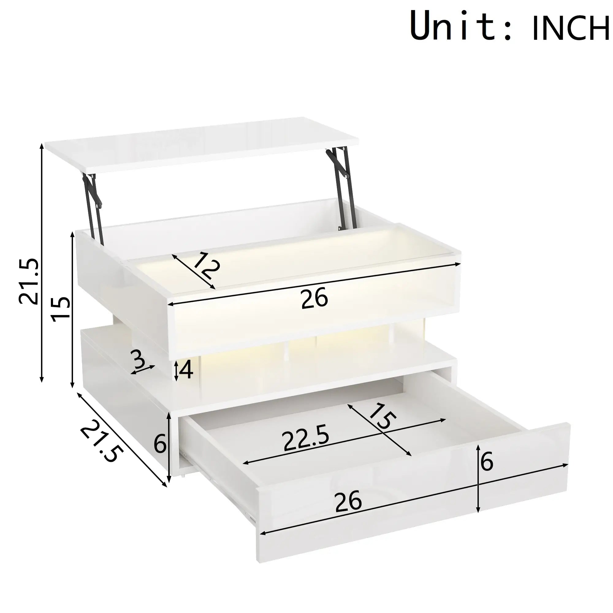 Glass Top LED Coffee Table, Storage Drawer, Adjustable Height, 26
