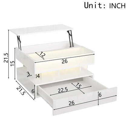 Glass Top LED Coffee Table, Storage Drawer, Adjustable Height, 26" L x 21.5" W x 21.5" H, White Coffee Tables at Gallery Canada
