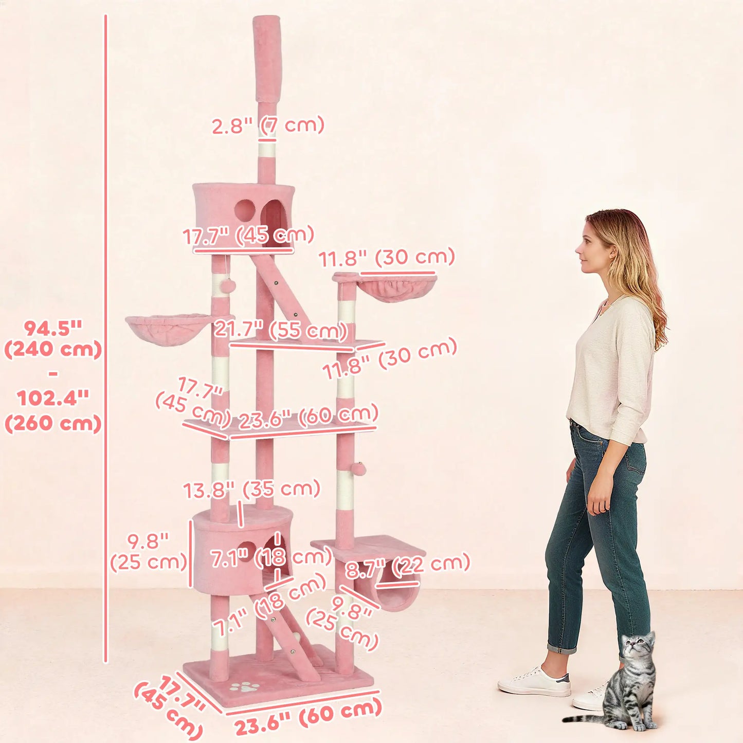 94"-102" Floor To Ceiling Cat Tree, Multi-Level Play House, Pink Multi-Level Cat Towers at Gallery Canada
