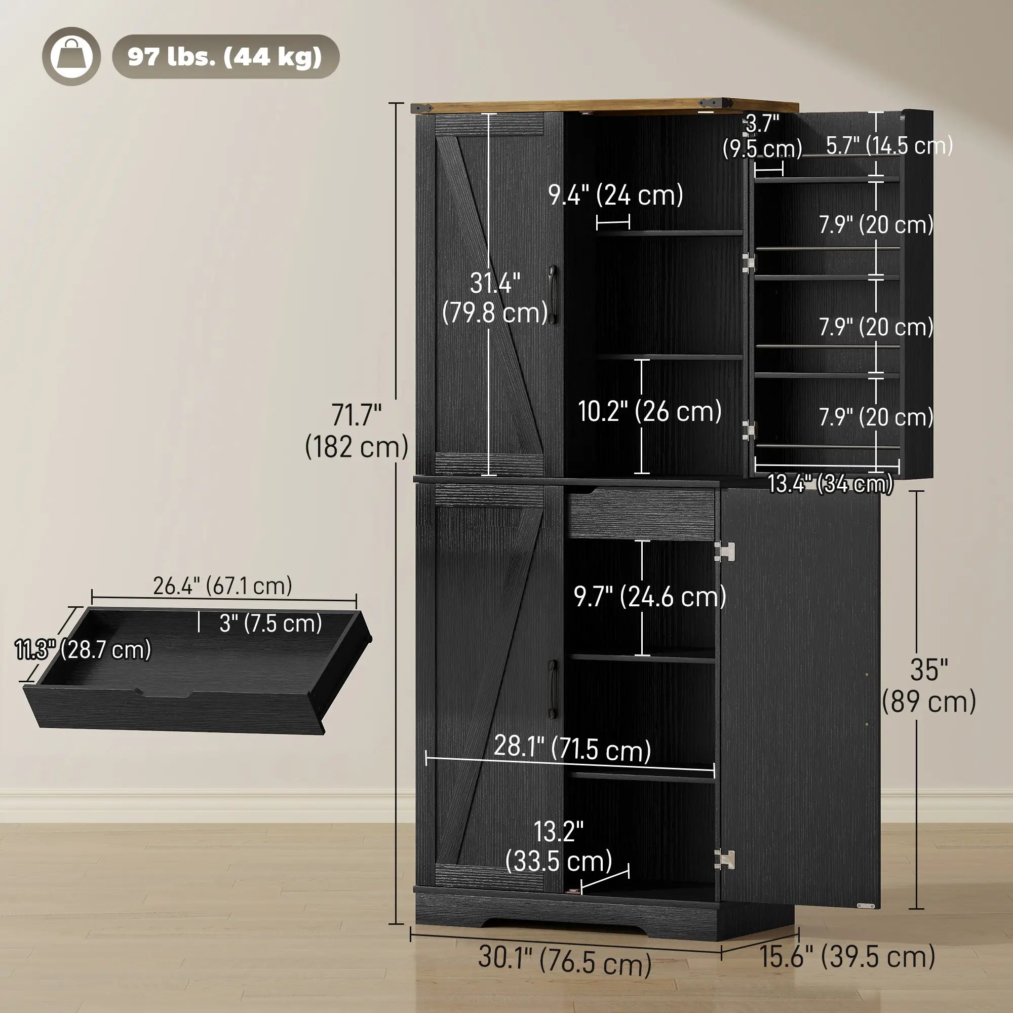 72 Inch Kitchen Pantry Cabinet, 4 Doors, Drawer, Shelves, Black Kitchen Pantry Cabinets at Gallery Canada