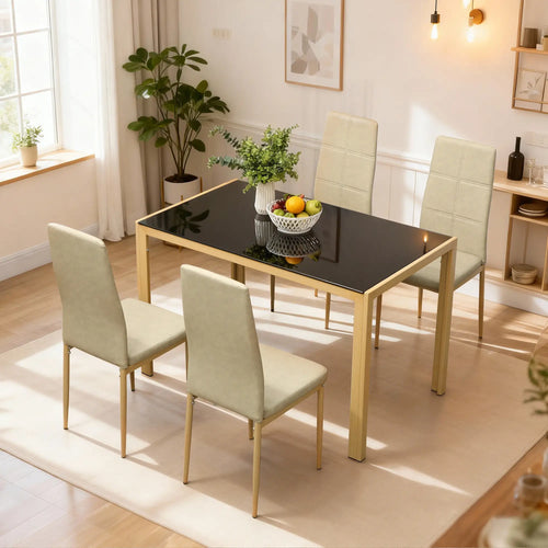 3-Piece Rectangular Glass Kitchen Table, Metal Frame, Faux Leather Chairs