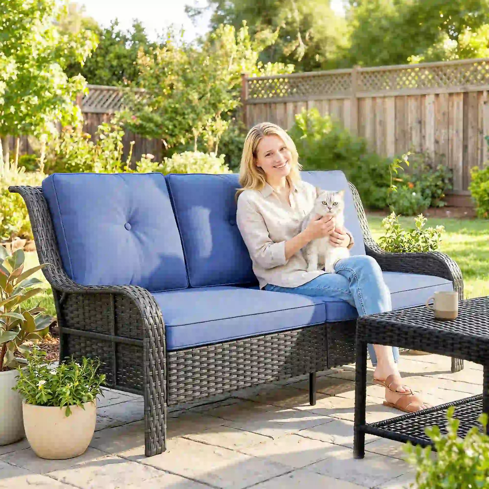 3 Seater Wicker Patio Sofa With Cushions, Deep Blue Patio Furniture Sets at Gallery Canada
