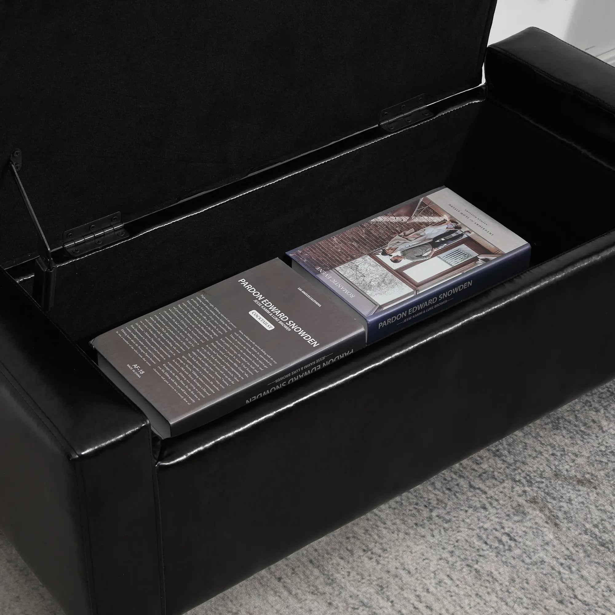 Storage Ottoman Bench, PU Leather Upholstered, Tufted Design, Black Storage Ottomans & Benches at Gallery Canada