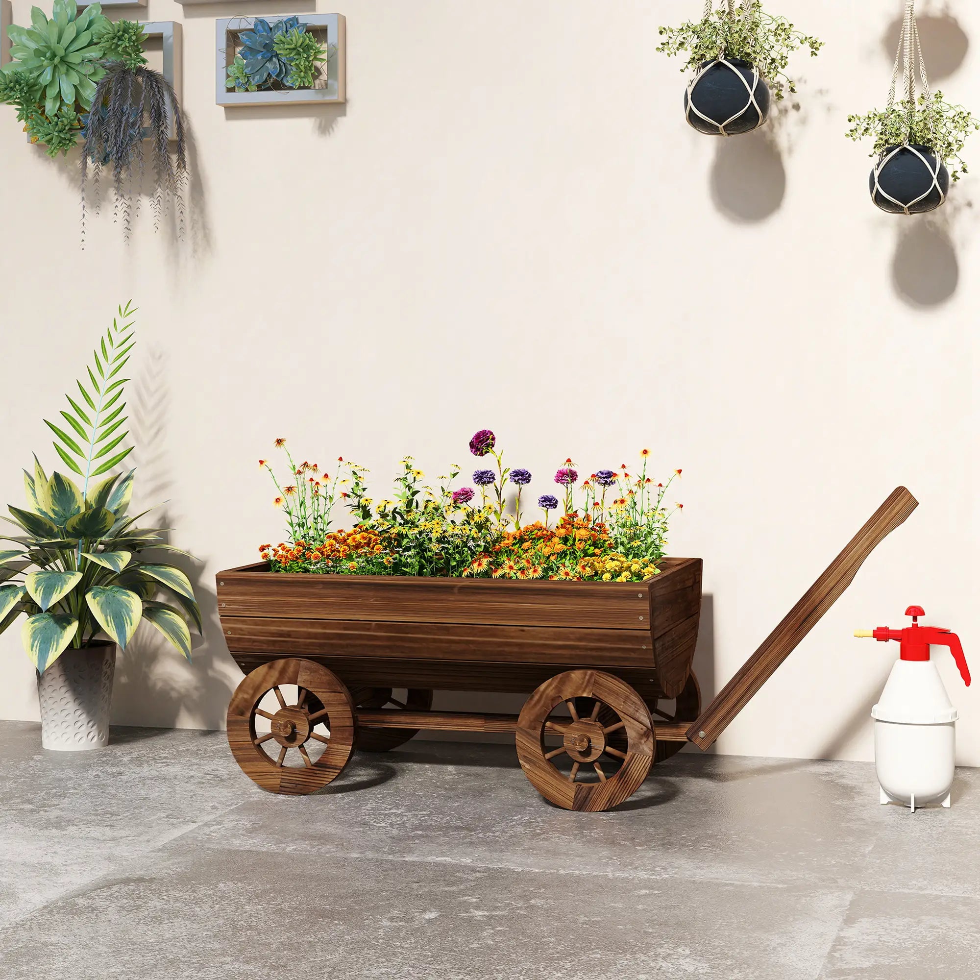 Wooden Wagon Planter Box, Mobile Garden Planter With 4 Wheels Raised Garden Beds at Gallery Canada