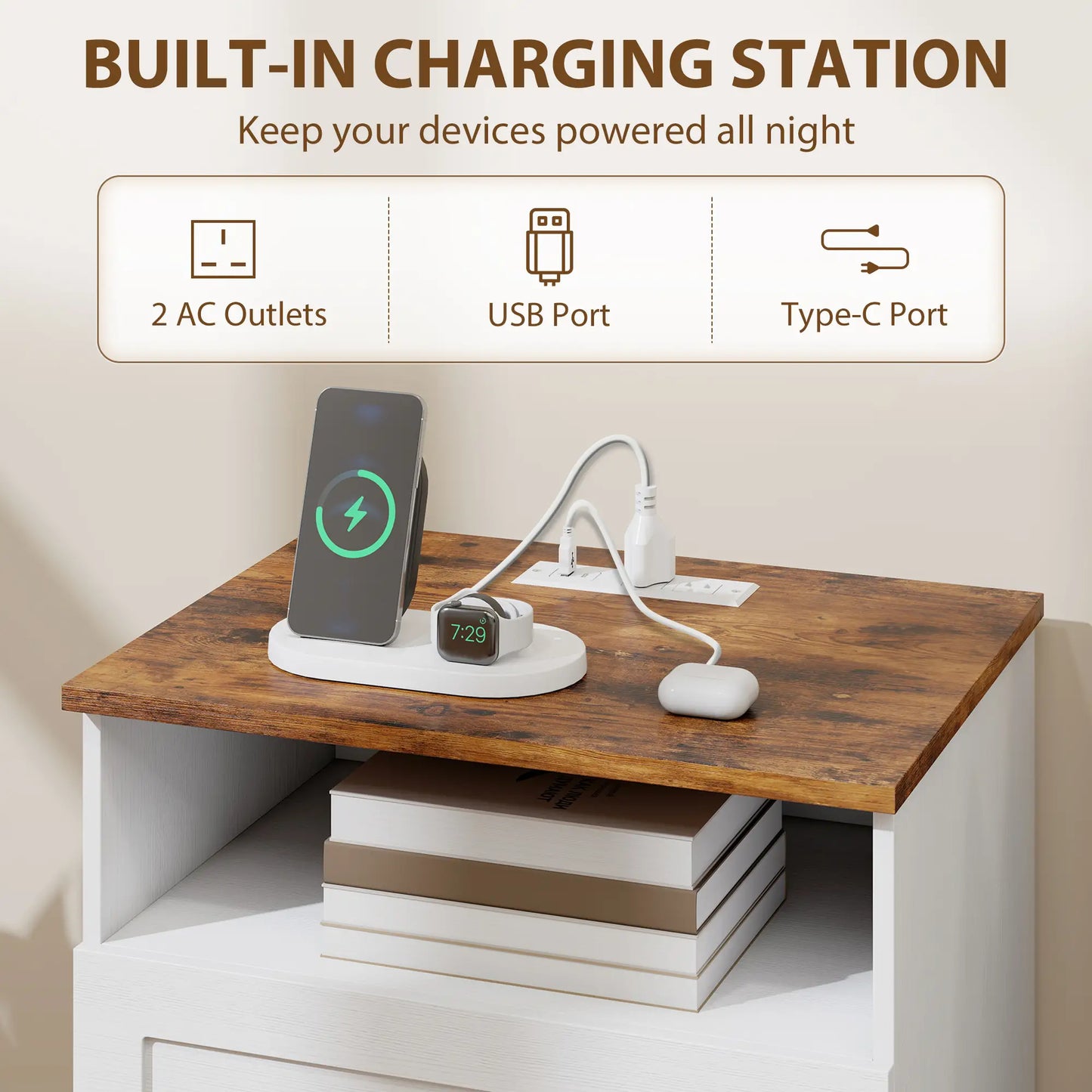Nightstand with Charging Station 2 Drawers Bedside Table Set of 2 White and Oak Bedside Tables at Gallery Canada