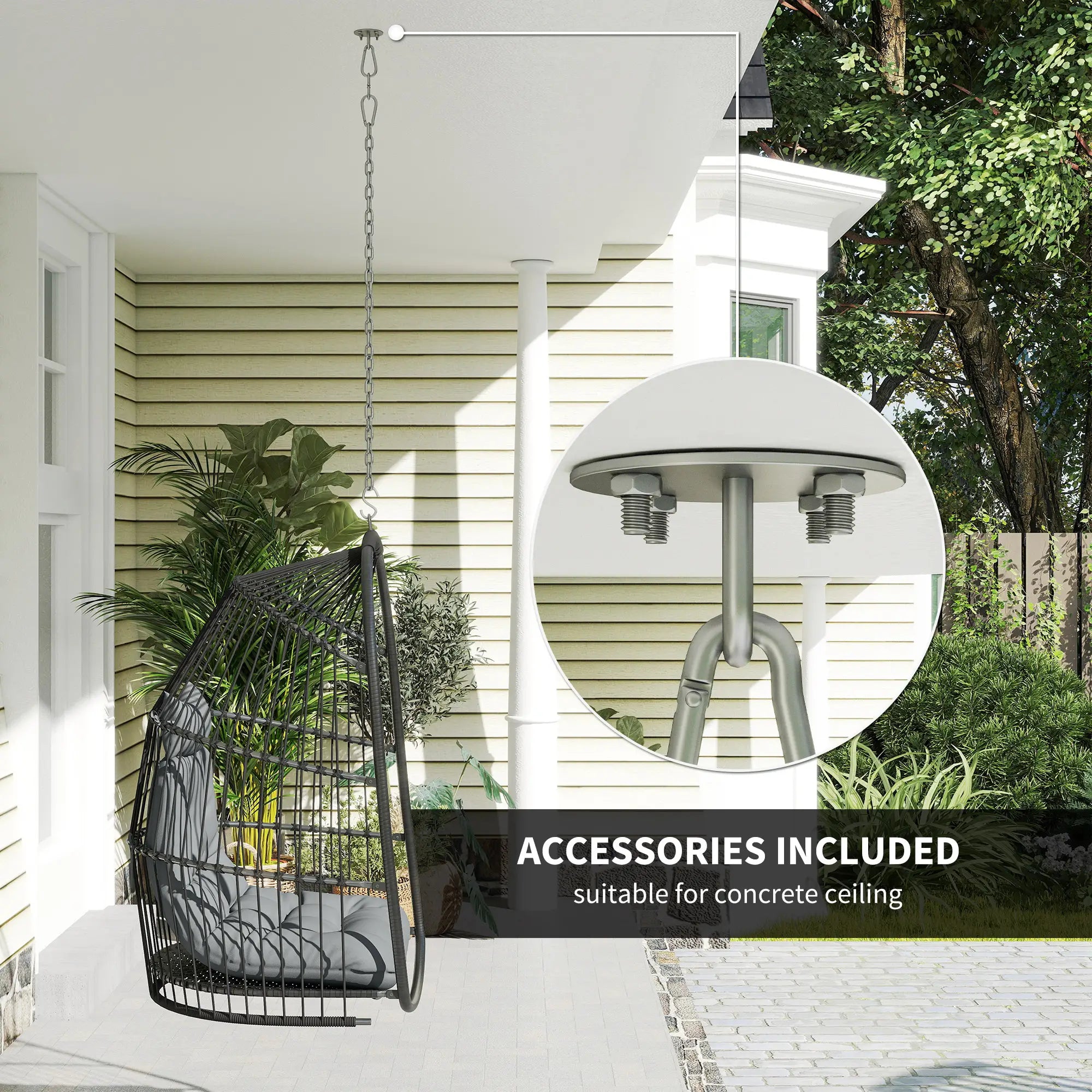 Hanging Egg Chair, Foldable Rattan Garden Swing, Dark Grey Patio Chairs at Gallery Canada