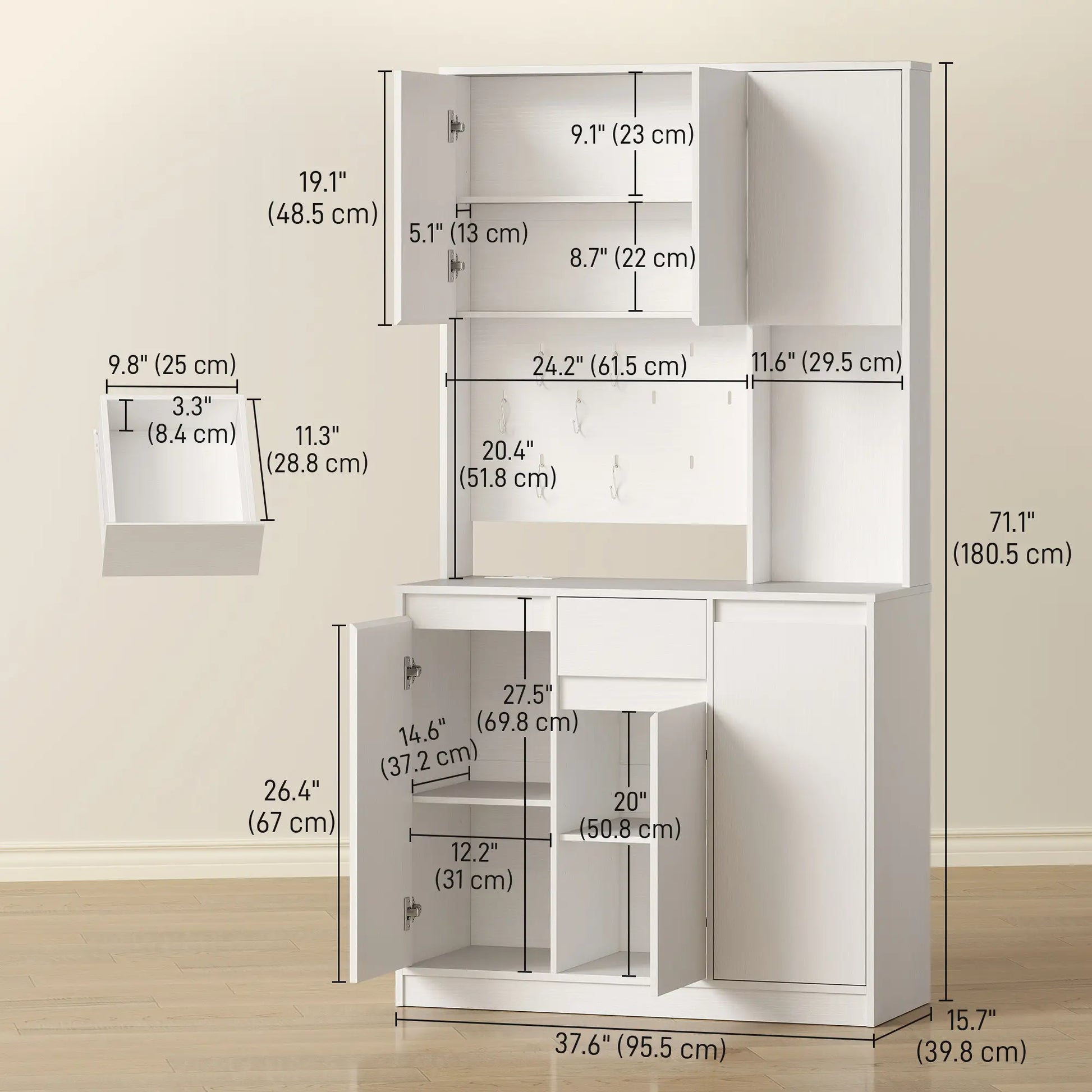 71 Inch Pantry Cabinet with Charging Station, Microwave Stand, Pegboard, White Kitchen Pantry Cabinets at Gallery Canada