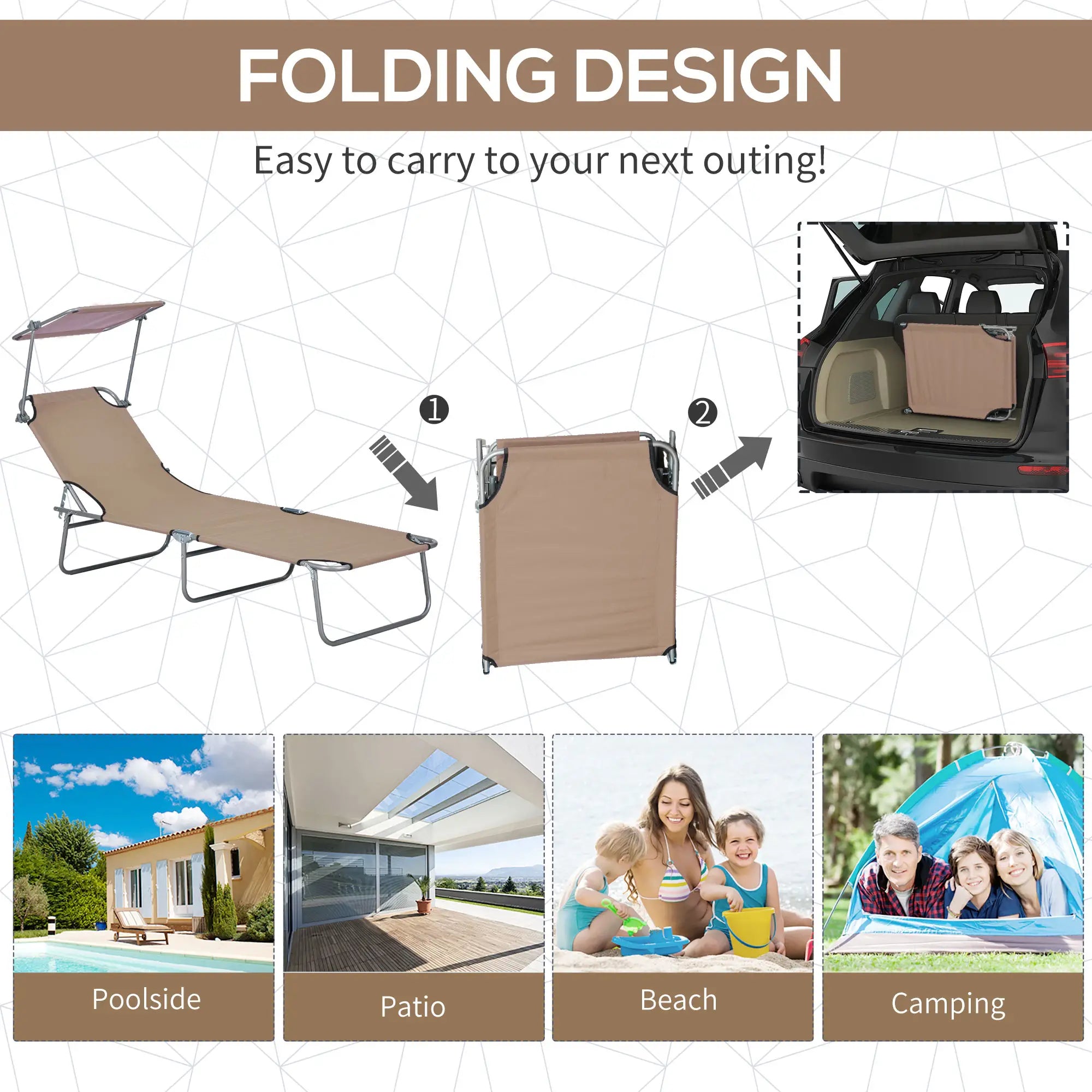 Adjustable Folding Chaise Lounge, Outdoor Chair With Sun Shade, Brown Lounger Chairs at Gallery Canada