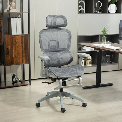 Mesh Office Chair, 3D Armrest, High Back, Lumbar Support, 135° Recline, Adjustable Headrest, Grey