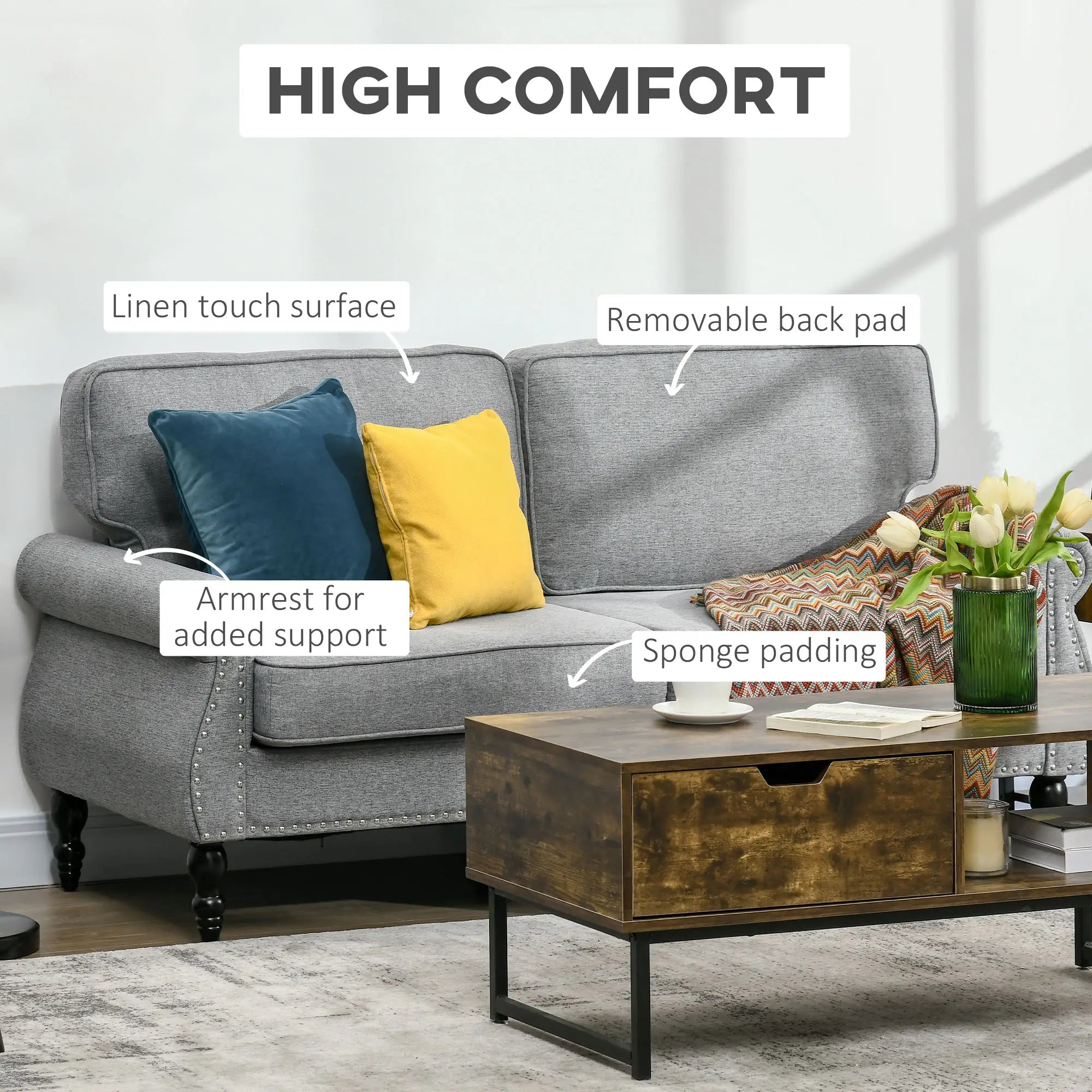 Traditional Double Sofa, Sponge Padding, Rubber Wood Leg, 2 Seater, Nail Head Accent 2-Seater Sofas at Gallery Canada