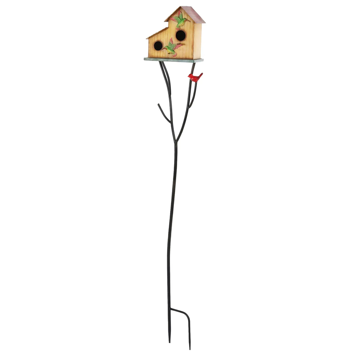 57" Outdoor Bird House With Pole, Double-Hole Metal Birdhouse, Yellow Birds Yellow, Green, Red at Gallery Canada