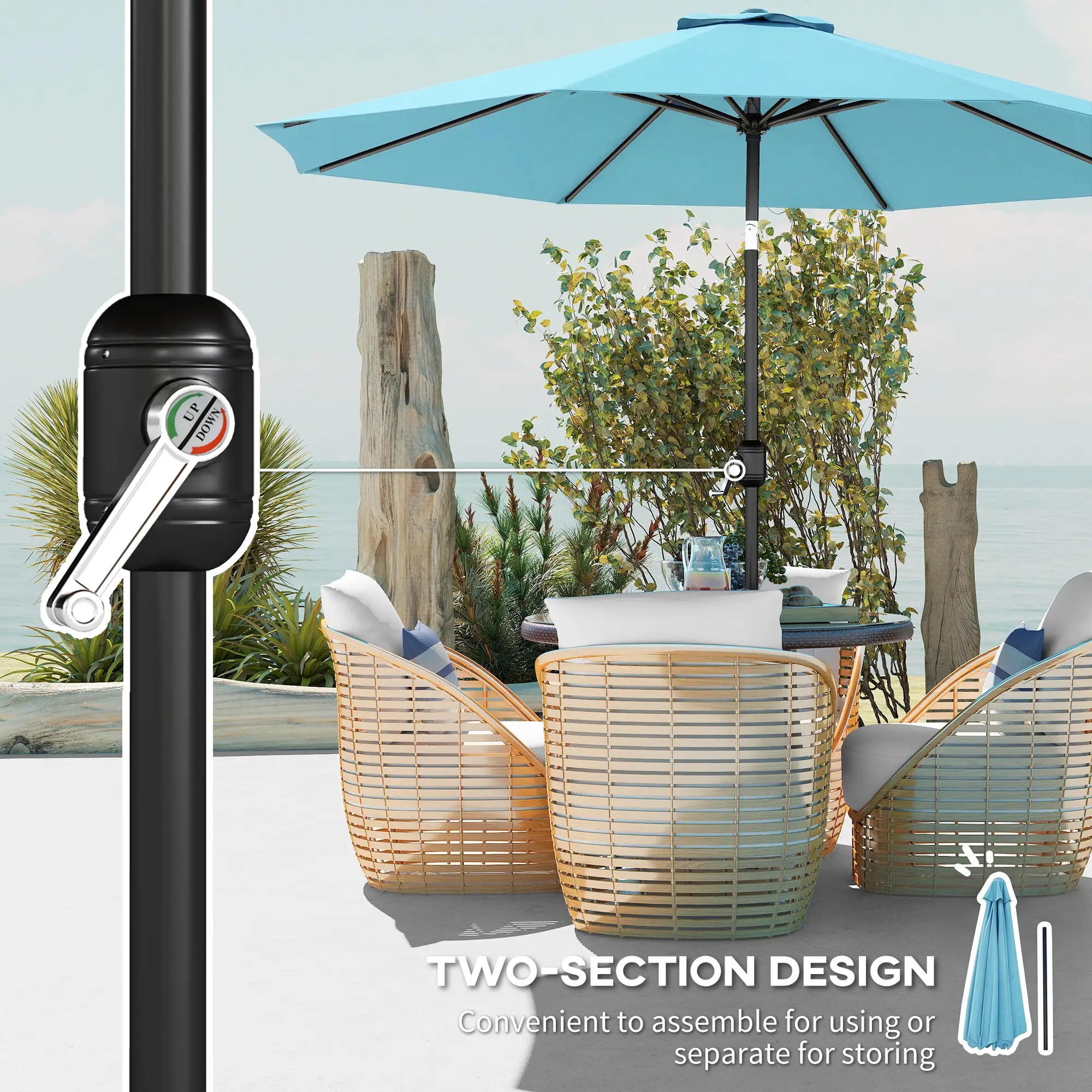 10' x 8' Round Market Umbrella, Crank Handle, Tilt, Sky Blue Sun Umbrellas at Gallery Canada