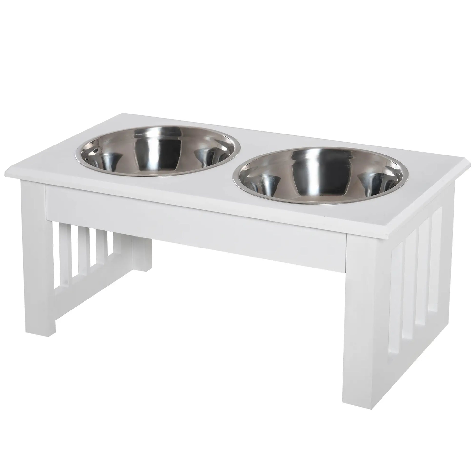 Double Pet Dog Bowl Stand, Elevated Wooden Feeder, Stainless Steel Bowls, White Dog Bowls White at Gallery Canada