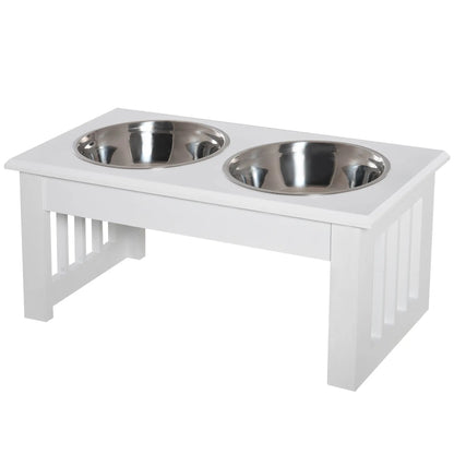 Double Pet Dog Bowl Stand, Elevated Wooden Feeder, Stainless Steel Bowls, White Dog Bowls White at Gallery Canada